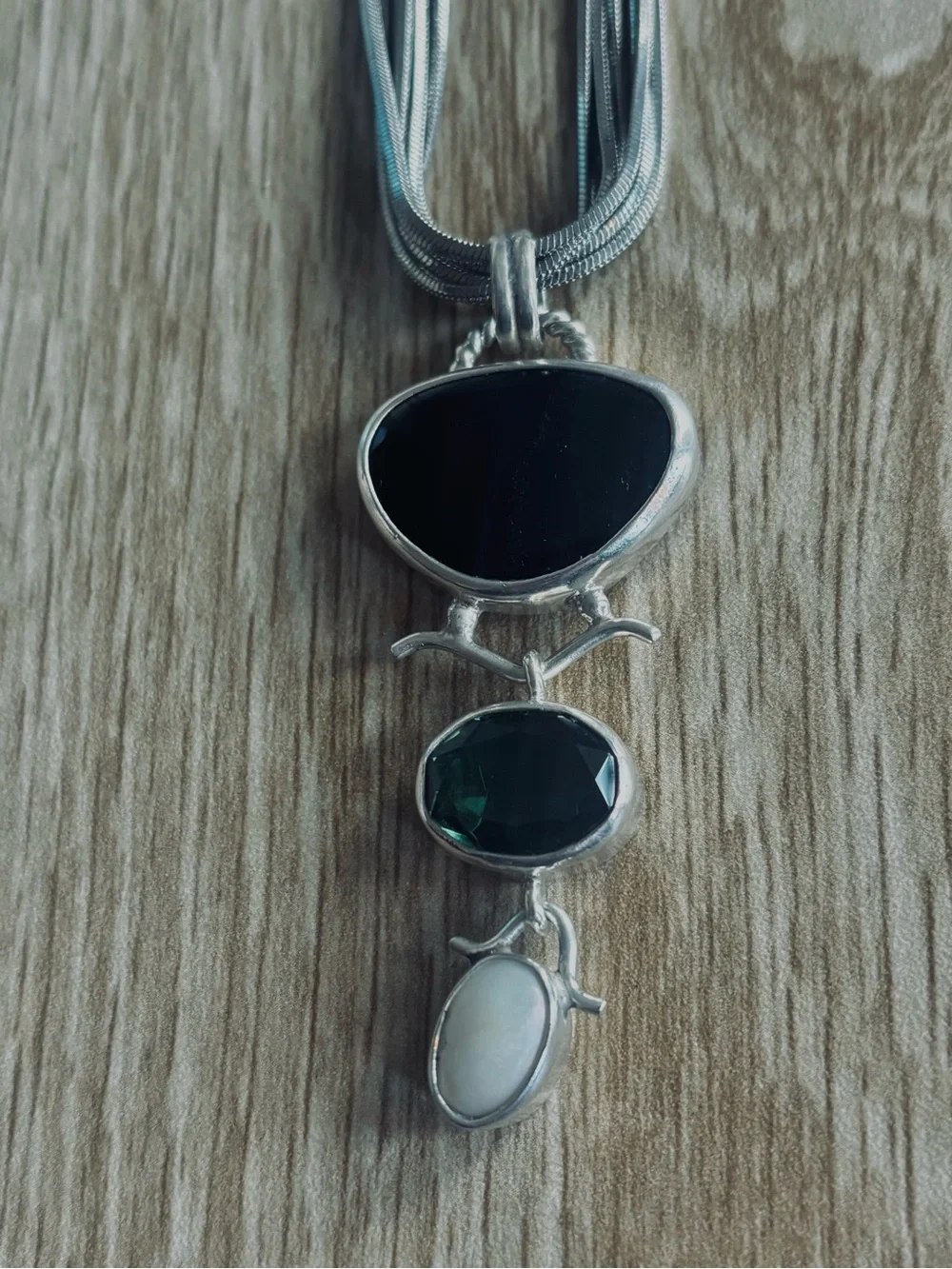 Sterling Silver Multi Strand Necklace with onyx, pearl and Angelite pendant